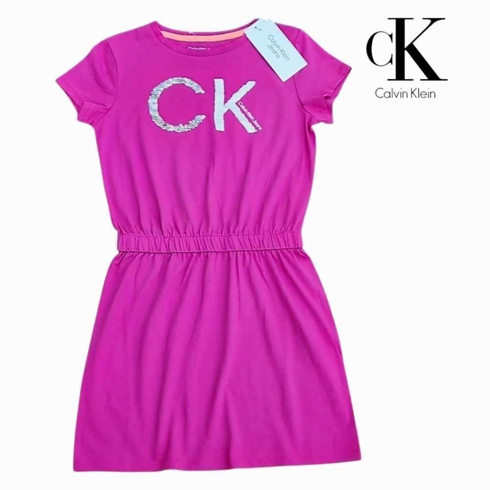 Calvin Klein Girls Dress Pink Casual Dress With Sequins Logo Size M (8-10 Y)